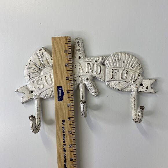 Beachy Cast Iron Key Hook Sun Sand Fun Beach Shell Starfish Chippy Nautical - Picture 7 of 10